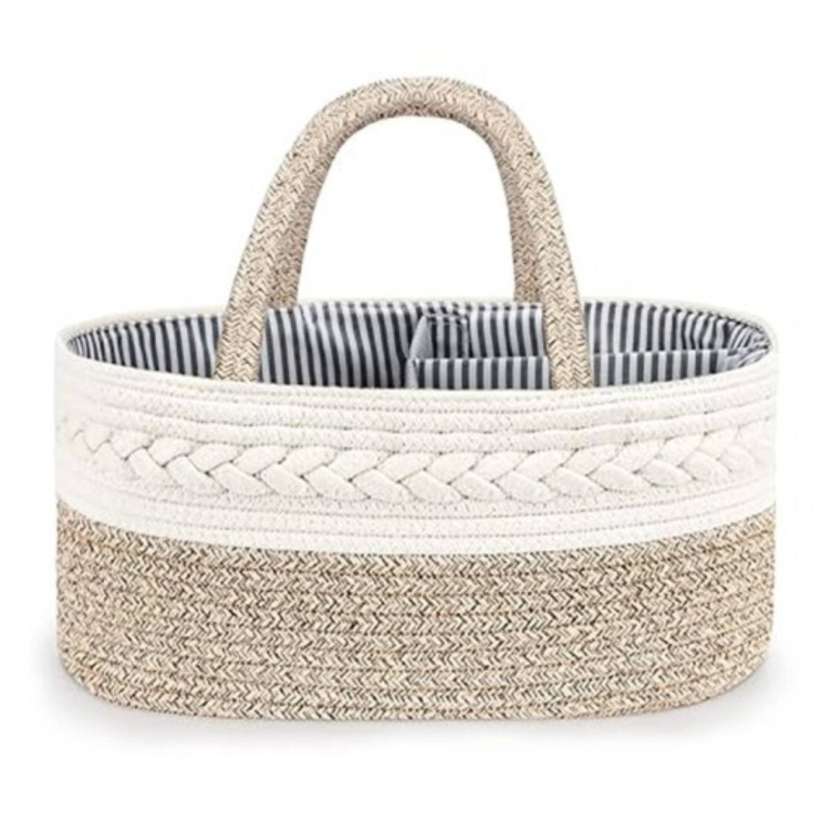 Braided Cotton Rope Basket Loop Handles Woven Storage Basket Striped Lining Neutral Tones