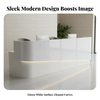 Curved Reception Desk Ambient Lighting Glossy Cashier Counter Easy to Clean Modern Front Counter for Receptionists, Business Owners, Retail Store