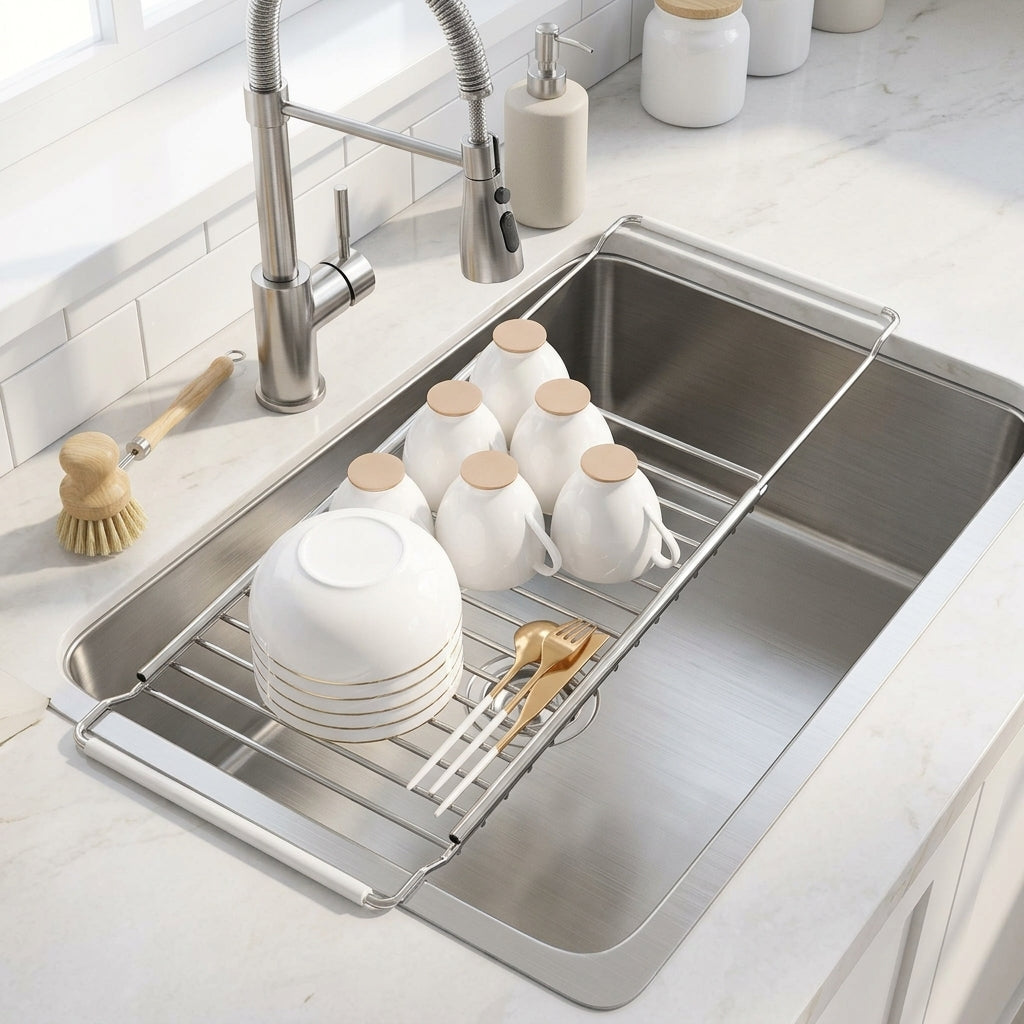 Extendable Retractable Dish Rack, Carbon Steel Dish Drainer and Bowl Drainage Rack, Space Saving Over Sink Home Kitchen Storage, Contemporary Style