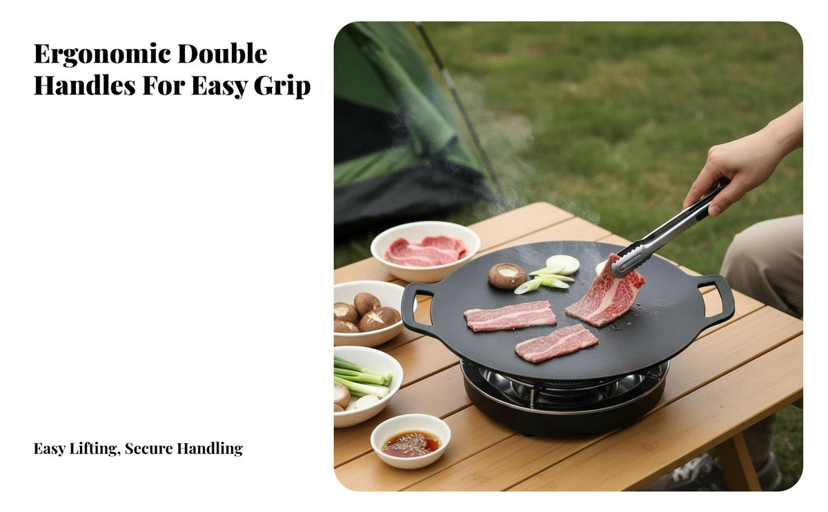 Outdoor Camping Cast Iron Grill Pan, Enamel Round Steak Frying Pan, Korean BBQ Plate for Gas, Induction, Open