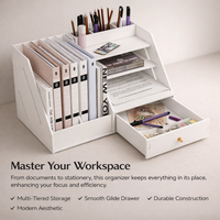 4+2 Desktop File Organizer with Drawer and Pen Holder, 3 Tier Document Sorter for Students, Multi Level Workspace Organization Rack