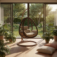 Hanging Oval Chair with Stand Indoor Outdoor Freestanding Wicker Swing Chair Leisure Furniture Weather Resistant for Living Room