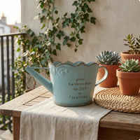 Scalloped Rim Watering Can Planter Side Handle Metal Flower Planter Long Spout Distressed Gold Watering Can Printed Lettering