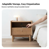 Nordic Design Nightstand with Rattan Drawer Minimalist Aesthetic Rattan Drawer Bedside Cabinet Japanese aesthetic End Table sturdy Wood Legs for Apartment Dwellers, Homeowners, Students, Bedroom, Small Spaces, Dorm Room, Home Office