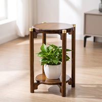 Round Bamboo Plant Stand Indoor Two-Tier Plant Stand Compact Furniture Sturdy for Living Room