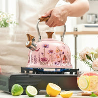 Floral Print Tea Kettle with Wood-Look Handle Food-Grade Tea Kettle with Wood Pattern Handle Loud Fast Heating for Homeowners