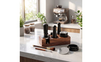 Solid Wood Coffee Tool Holder with Accessories Space-Saving Espresso Tamping Station Wooden Espresso Tools Storage Elegant for Baristas, Kitchen Countertops, Cafes