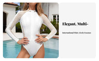 Long Sleeve Zip up Swimsuit Quick-Drying Front Zip Single Piece women's Wave-Riding Ing Suit Breathable Material White Mesh