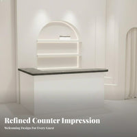 L-Shapedd D Reception Desk Rounded Corner Design Modern Front Desk Stable Load Bearing Reception Counter with Storage for Business Owners, Lobbies