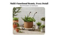 Weathered Finish Metal Wheelbarrow Planter Rust-Brown Wheelbarrow Planter Ribbed Metal Flower Pot Cottagecore Style for Display