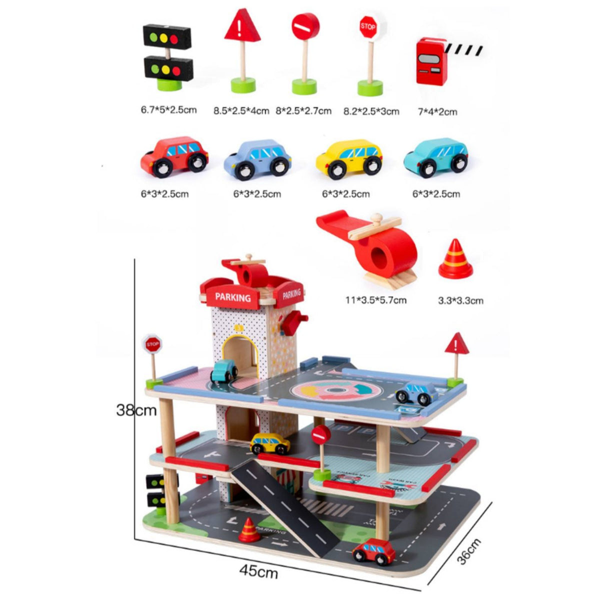 Wooden Parking Garage Playset Pretend Play Enjoy-Story Car Ramp Toy Develops Motor Skills for Young Children