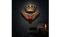 Antique-Style Heart Crown Decoration Gold-Tone Angel Wing Plaque Raised Feather Detail Heart Wing Wall Decor Ornate