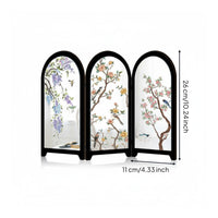Mirror Surface Chinese Design Tabletop Screen Foldable Tabletop Folding Screen Oriental Aesthetic Bird Pattern Desk Decor Wooden Board for Office, Living Room