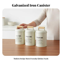 3 Pieces Metal Canister Wooden Handle Sealed Lid Tea Beverage Sweetener Canister Set Airtight Farmhouse Kitchen Jar Set