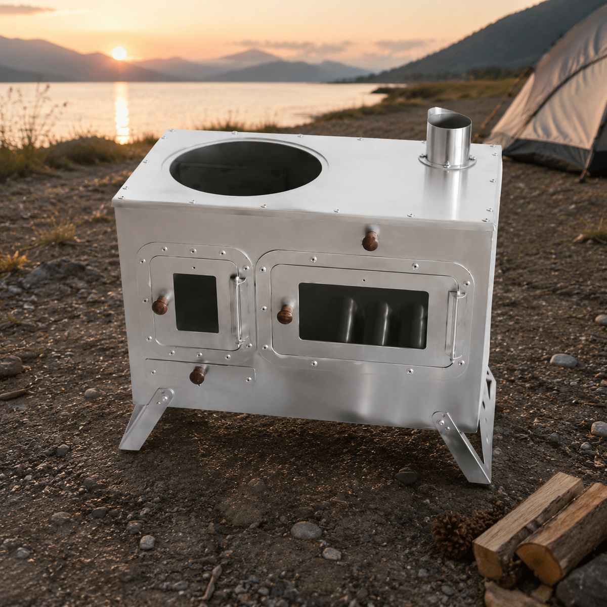 Portable Tent Stove, Wood Stove for Camping, with Cooking Surface and Ash Catcher, Alloy Heating for 3-5 People