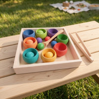Balls in Cups Toy with Serving Utensil Educational Wooden Sorting Toy with Cups Rainbow Developmental Sorting Set Tray for Homeschool, Classroom