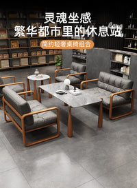 酒店餐厅新款简易铁架铁艺接待会客长条椅办公室沙发茶几组合 浅灰皮革+木色框架
