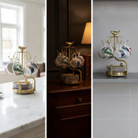 Cup and Saucer Rack Brass-Colored Mug Holder with Saucer Tray Elegant Mug Holder with Hooks for Hosts