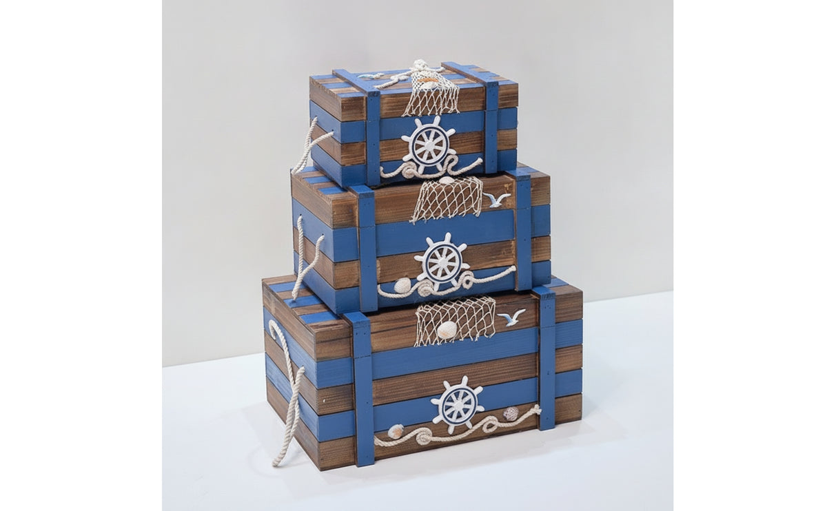 New Mediterranean Storage Box Set of 3, Wooden, Pine