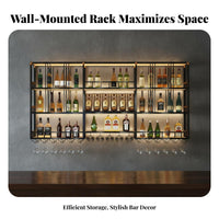 Wall Mounted Vino Rack Wrought Iron Industrial Bar Shelf Multifunctional Metal Vino and Glass Rack for Restaurant Owners, Homeowners, Dining Room, Pub