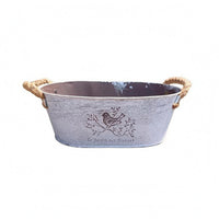 Embossed Lettering Metal Oval Hanging Planter Printed Panels Distressed Metal Planter
