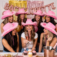Pink Cowboy Hat with Feather Trim Rhinestone Cowgirl Hat with Feathers Felt-Like Wide-Brim for Bride, Women, Girls Night Out