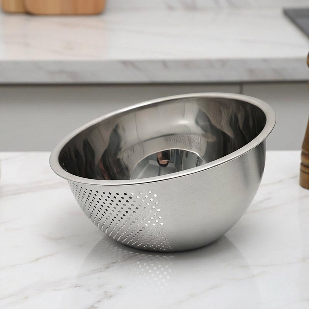 Rice Washing Sieve and Stainless Steel Sieve Draining Basin, Thickened Rice Strainer with Side Holes and Pour Spout for Washing Vegetables and Food