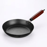 Frying Pan for Stir Fry and Searing Steak Pan, Heavy Duty Refined Iron with Hammered Texture, Induction Hob Compatible Wood Handle, 1 Pack