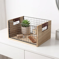 Wire Storage Basket with Wooden Handles OpenWire Mesh Top Basket with Wooden Handles Rectangular for Shelf, Desk, Pantry
