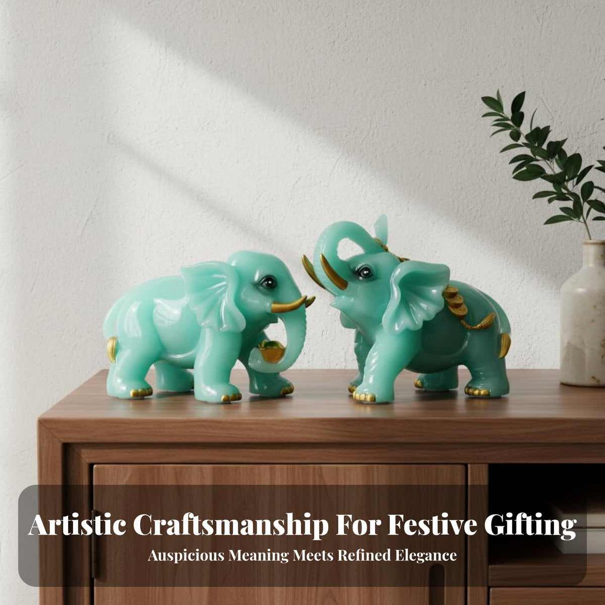 2 Pieces Greenstone-Look Elephant Decoration Brings Wealth and Prosperity Elephant Statue Pair Good Fortune Perfect Gift