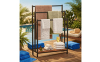Standing Towel Rack with Shelf Wood-Tone Freestanding Towel Rack Household Storage Space Saving Non Slip Feet for Poolside