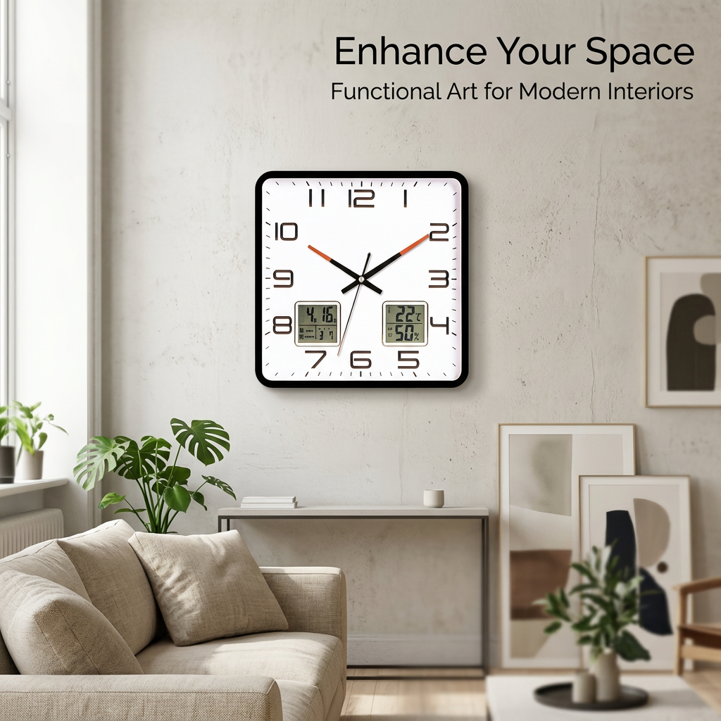 Digital Wall Clock with Temperature and Humidity, Operated Wall Clock for Bedroom, Large Display, Modern Home Decor