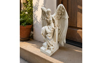 Seated Angel Figurine Antique Vintage-Look Pale Figure Statue Stepped Base Home Decor for Outdoor