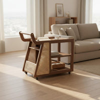 Solid Wood Mobile Side Table with Rattan Multi-Layer Storage Wooden Rolling Cart with Handle Movable 2-Tier Utility Trolley Large Capacity for Living Room, Kitchen, Home Bar