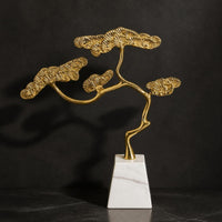 Gold-Tone Evergreen Tree Figurine Goldtone Bonsai Tree Sculpture Sculptural Bonsai Decor Minimalist for Living Room, Entryway