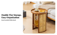 Japanese design dual-level Round Nightstand Rattan Weave Design 2-Tier circular table Rounded Edges Household Furniture Space-Saving for Apartment Dwellers, Homeowners, Adults, Living Room, Bedroom, Small Spaces, Hallway