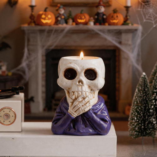 Halloween Resin Skull Candle Holder with Smirk, European Style, Handcrafted