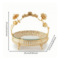 Decorative Fruit Basket with Glass Base Ornate Tabletop Basket with Handle Gold-Toned Holder Vintage-Style for Home Decorators, Hosts, Dining Table, Living Room
