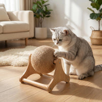 Rotating Cat Scratching Ball Sturdy Scratching Toy with Wooden Frame Long-Lasting Sisal Rope Ball Toy Space-Saving for Apartments