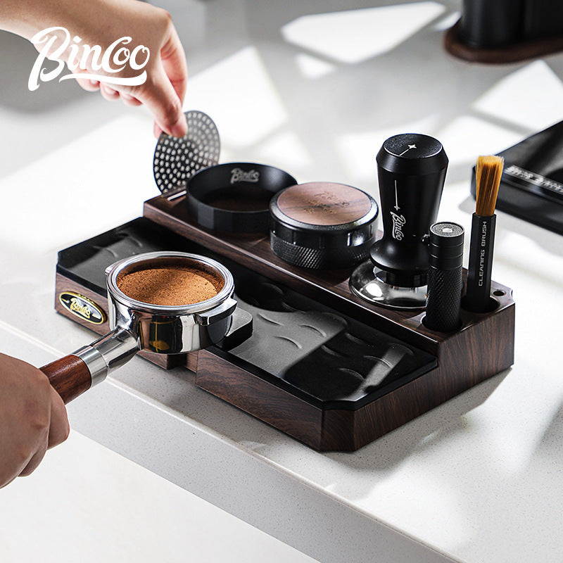 Bincoo Wood Grain Espresso Multi-Function Base Coffee Knock Box and Tamper Storage Set, 51/58mm