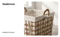 Japanese design Lidded Faux-Rattan Basket Woven Texture Clothes Hamper With Lid Laundry Container Stylish Design for Families, homeowners, Students, Bathroom, Bedroom, Closet, Dorm Room
