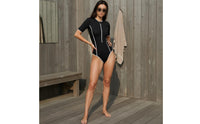 Front Fastener Single-Piece Bathing Suit Close-Fitting Zip Front Single-Piece Swimsuit Short Sleeve Sun Guard 4-Way Stretch