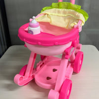 Textile Canopy Pink Doll Stroller Push Handle Pink Toy Stroller Front Tray Storage Platform for Children