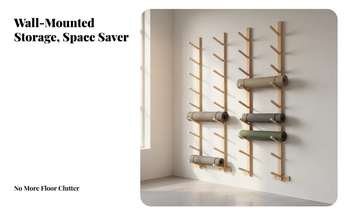 Space-Saving Wall Mounted Exercise Mat Rack Easy to Install Solid Wood Exercise Mat Storage Heavy Duty Foam Roller Wall Rack Keeps Gym Tidy