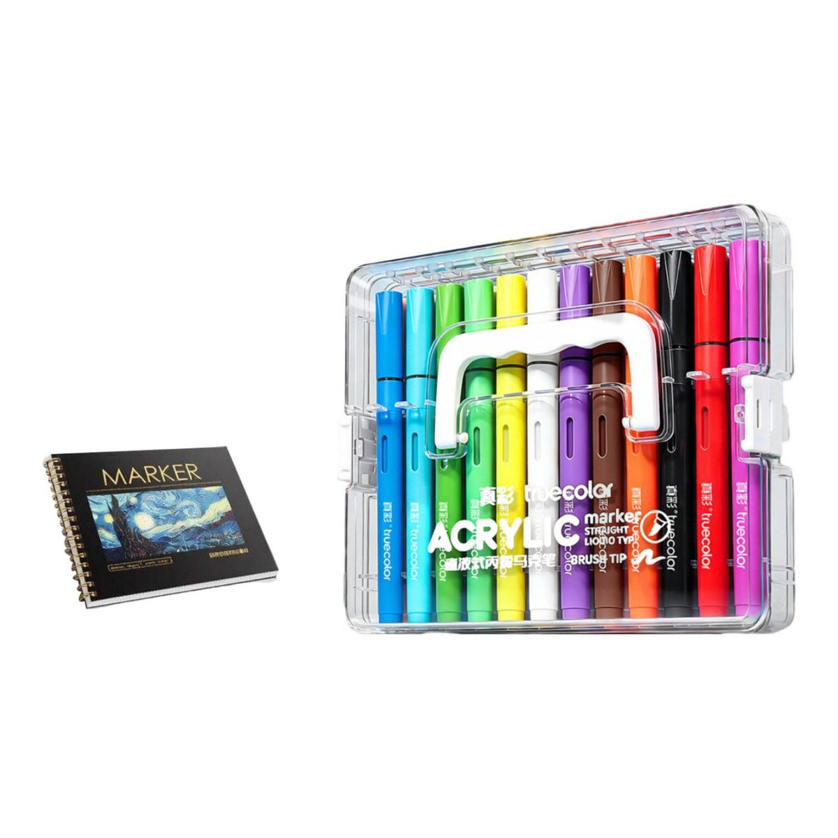 Direct-Liquid 12-Color Acrylic Marker Set Rainbow Colors Brush Tip Acrylic Markers Handle Marker Set in Case Latch Closures