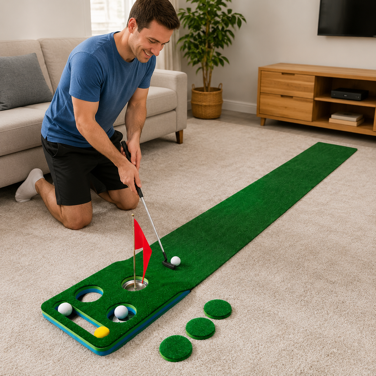 Portable Indoor Putting Practice Mat, EVA Base with Sphere Return, Artificial Turf putting Green Mat, Non-Slip Design