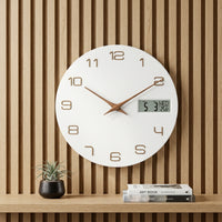 12 Inch Wall Clock with LCD Display 30 Cm Wall Clock with Temperature Display Linen-Textured Silent for Apartments