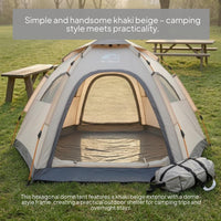Ventilated Hexagonal Dome Tent Khaki Beige Automatic Camping Tent