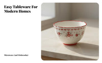 Korean Style Ceramic Soup Bowl, Red Small Floral, Underglaze, Aesthetic