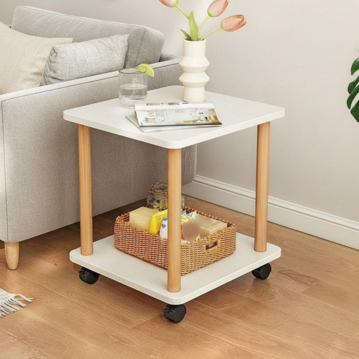 Movable with 360° Wheels Rolling Accent Table Modern Design 2-Tier Rolling Cart Space-Saving Nightstand Multi-Purpose for Homeowners, Renters, Students, Living Room, Bedroom, Small Areas, Kitchen
